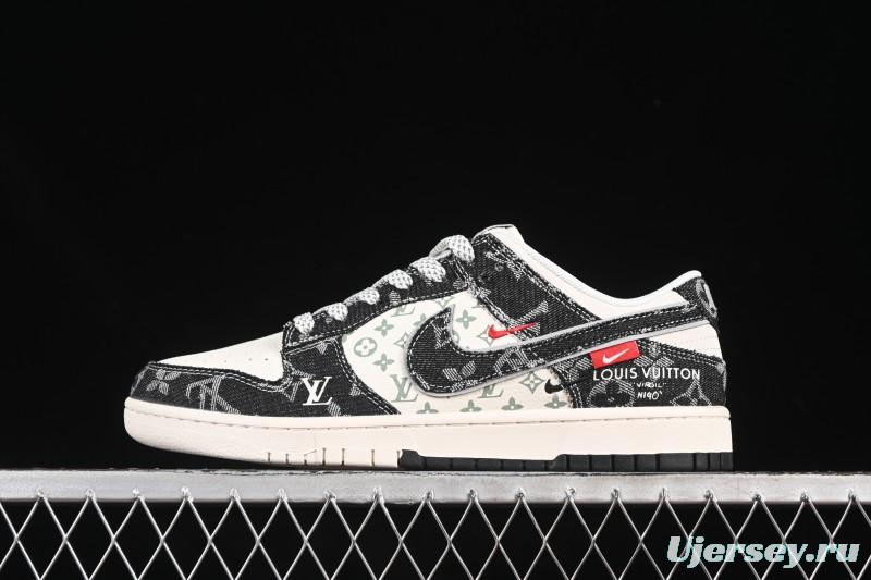 Nike SB Dunk Low LV Collaboration Black Denim Black Swoosh Anniversary High-End Custom Low-Top Casual Skate Shoes - YX5066-351