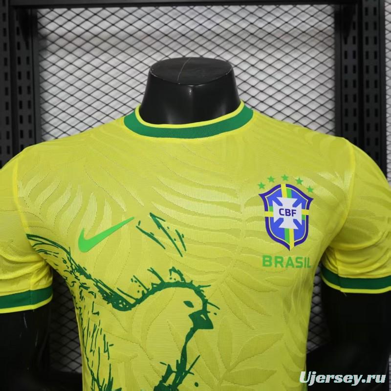 Player Version 2025 Brazil Yellow with Green Animal Pattern Jersey