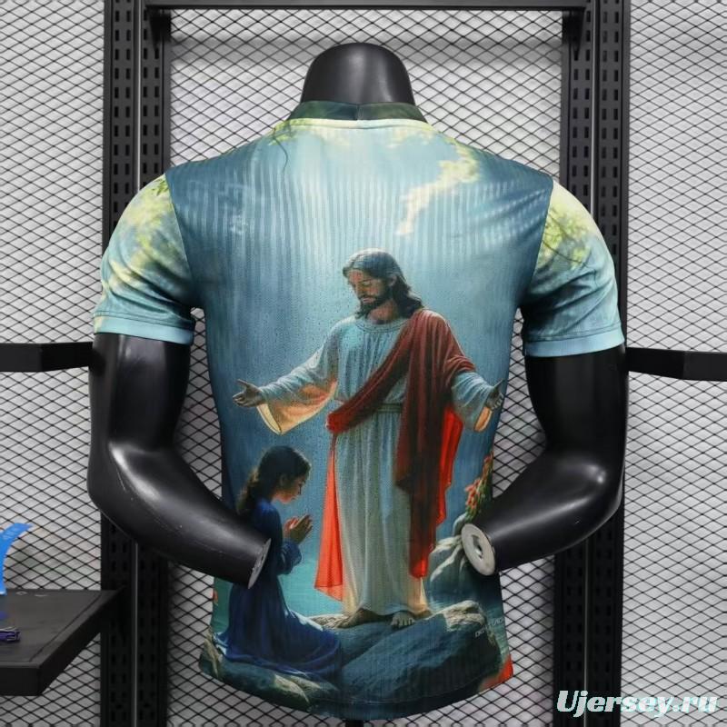 Player Version 2025 Brazil Light Blue with Jesus Christ Religious Artwork Jersey