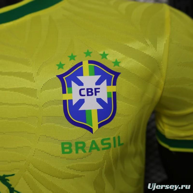 Player Version 2025 Brazil Yellow with Green Animal Pattern Jersey