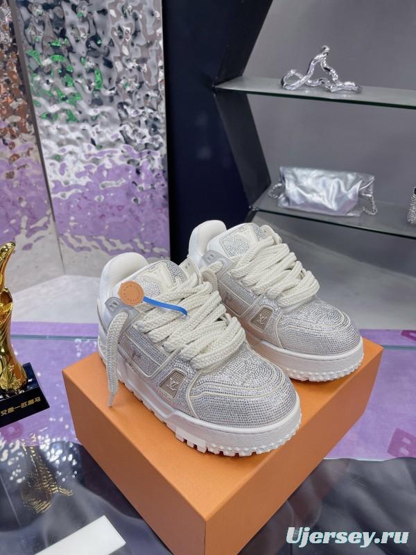 2025 Unisex Louis Vuitton White Crystal Leather Plimsolls Bing Bing AS00420