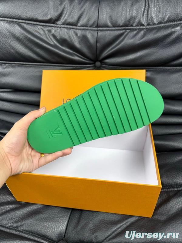 2025 Men Louis Vuitton Green Leather Slippers AS00170