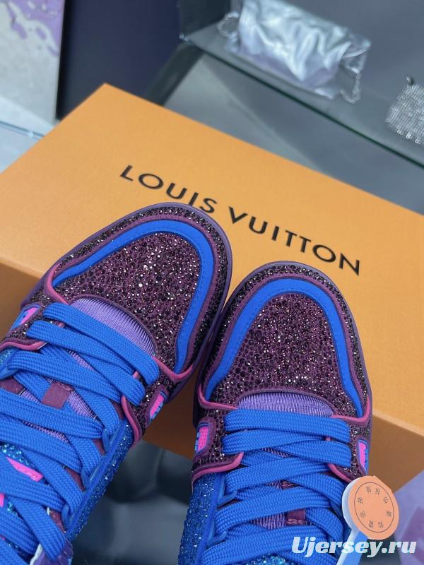 2025 Women Louis Vuitton Blue Purple Leather Fabric Plimsolls Handcrafted Rhinestones AS00400