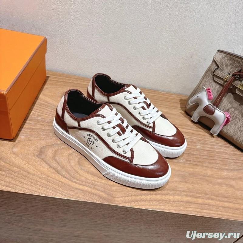 2025 Unisex Hermes Brown White Fabric Leather Sneakers AS00380