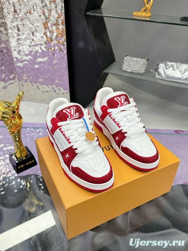 2025 Unisex Louis Vuitton Red White Leather Fabric Plimsolls Handmade Rhinestone AS00400