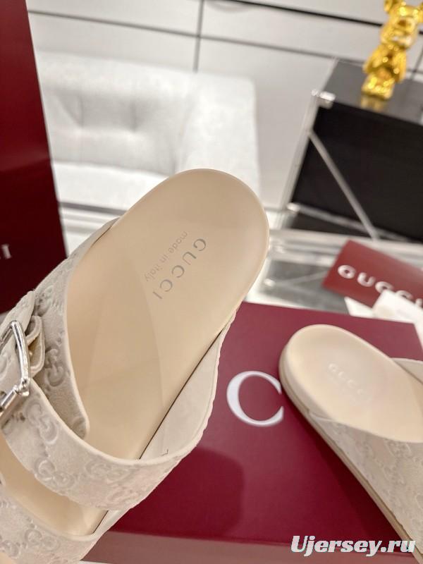 2025 Women Gucci White Leather Slippers Double G Embossed AS00240