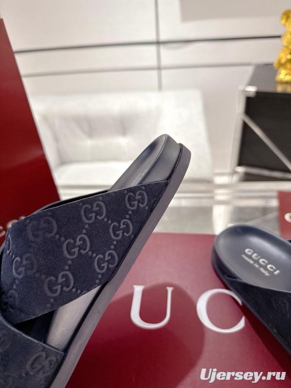 2025 Unisex Gucci Navy Fabric Slippers Double G Embossed AS00240