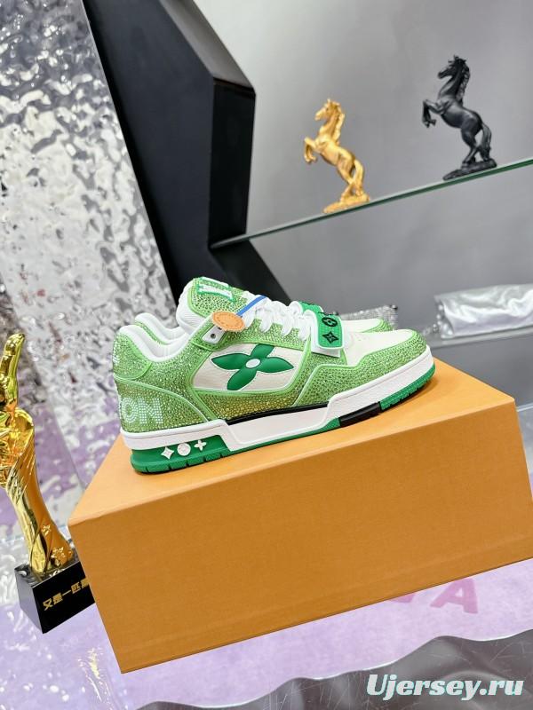 2025 Unisex Louis Vuitton Green White Leather Fabric Plimsolls Handmade Crystal Detailing AS00400