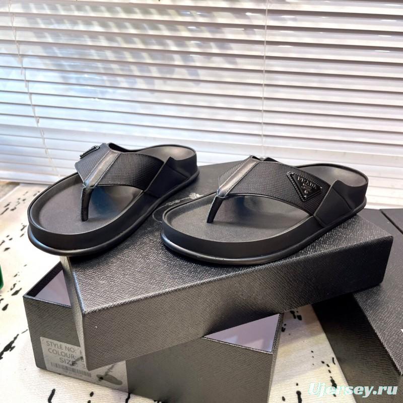 2025 Men Prada Black Fabric Leather Sandals Logo KFY00230