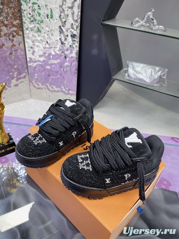2025 Women Louis Vuitton Black Crystal Trainer Leather Plimsolls Bing Bing AS00420