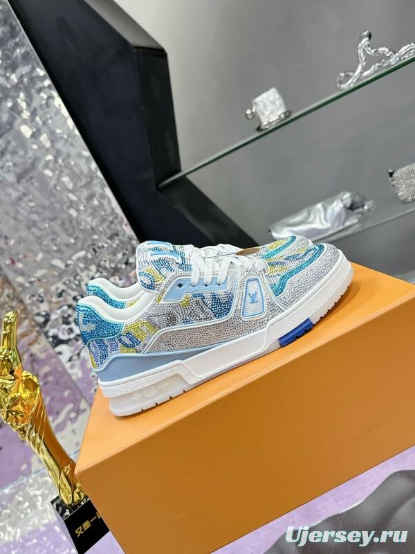 2025 Unisex Louis Vuitton Blue Yellow White Leather Denim Plimsolls Handcrafted Rhinestone AS00400