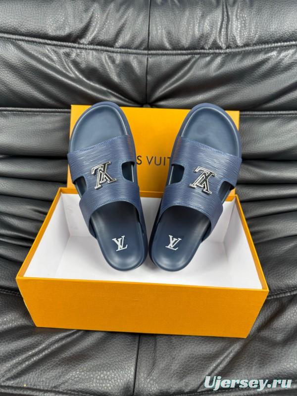 2025 Men Louis Vuitton Blue Leather Slippers AS00170