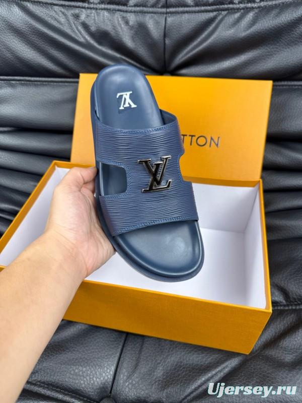 2025 Men Louis Vuitton Blue Leather Slippers AS00170