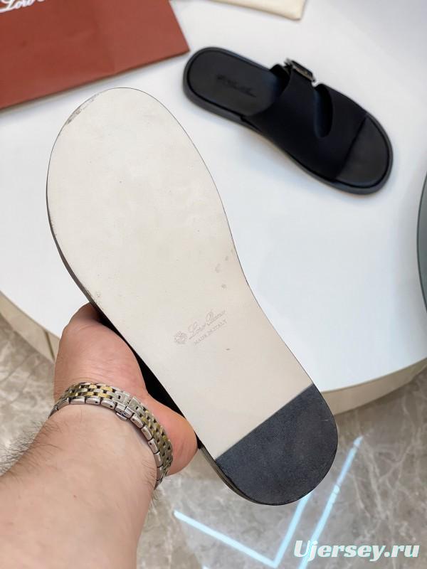 2025 Men Loro Piana Black Leather Slippers Buckle AS00250
