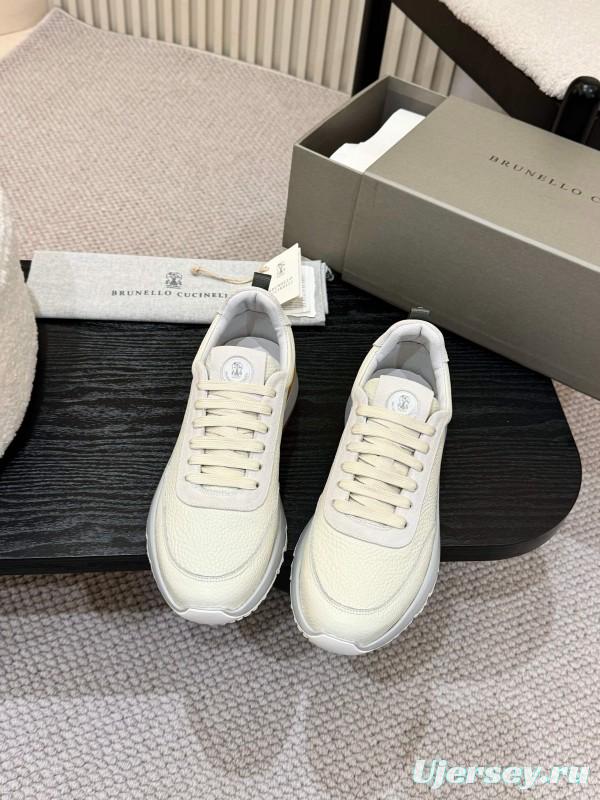 2025 Men Brunello Cucinelli Black Ivory Blue Almond Calfskin Leather Sneakers AS00320