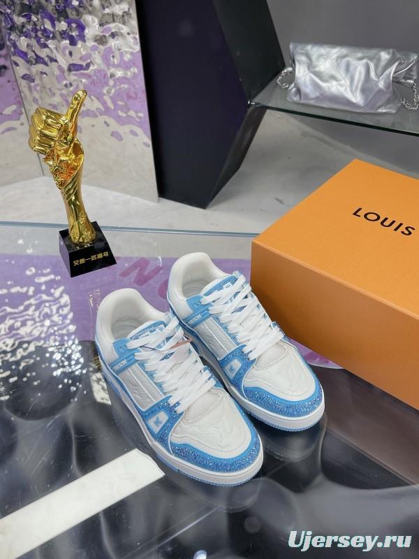 2025 Unisex Louis Vuitton Light Blue White Leather Denim Plimsolls Hand Drilled AS00400