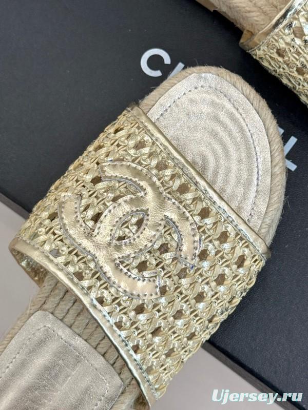 2025 Women Chanel Beige Custom Material Rope Sole Slippers Big CC Hollow Weave KFY00240
