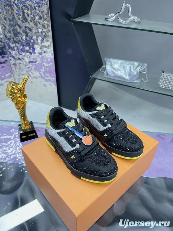 2025 Unisex Louis Vuitton Black Grey Yellow Leather Fabric Plimsolls Handcrafted Rhinestone AS00400