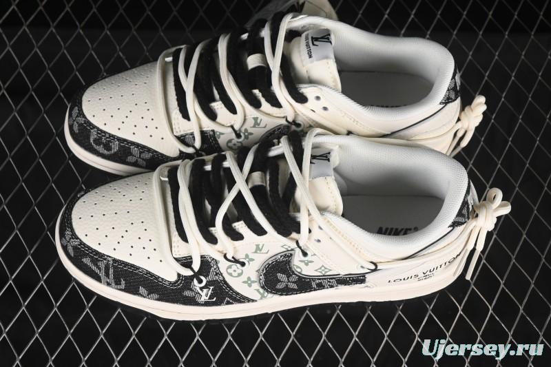 Nike SB Dunk Low LV Collaboration Strap Weave Black White Swoosh Anniversary Custom Low-Top Casual Skate Shoes - YX5066-338