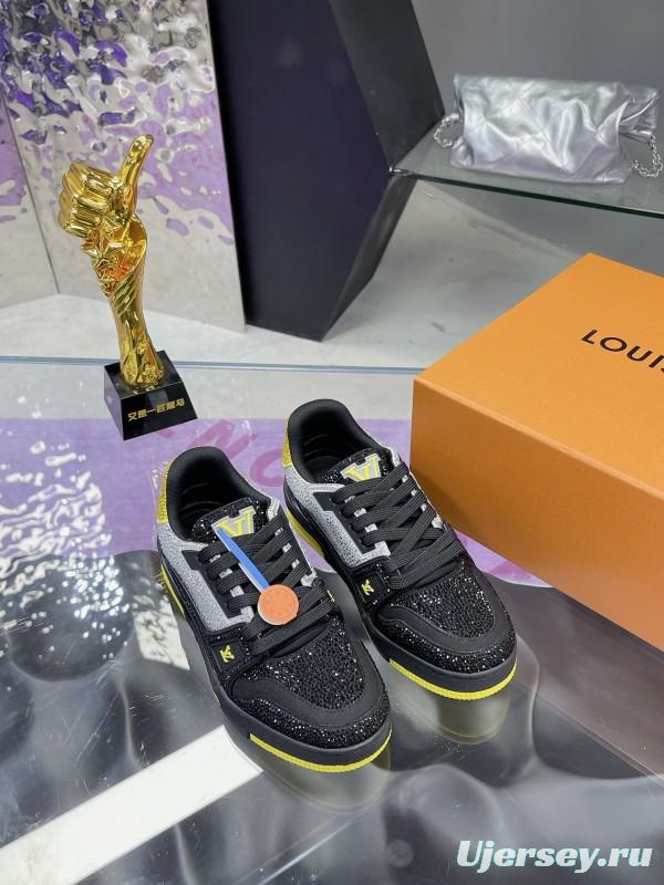 2025 Unisex Louis Vuitton Black Grey Yellow Leather Fabric Plimsolls Handcrafted Rhinestone AS00400