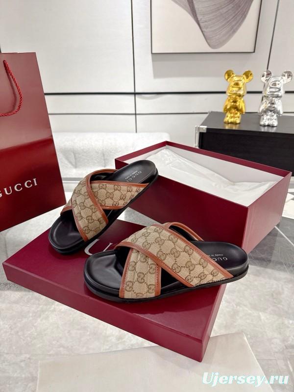2025 Unisex Gucci Beige Brown Canvas Leather Slippers Double G Embossed AS00240