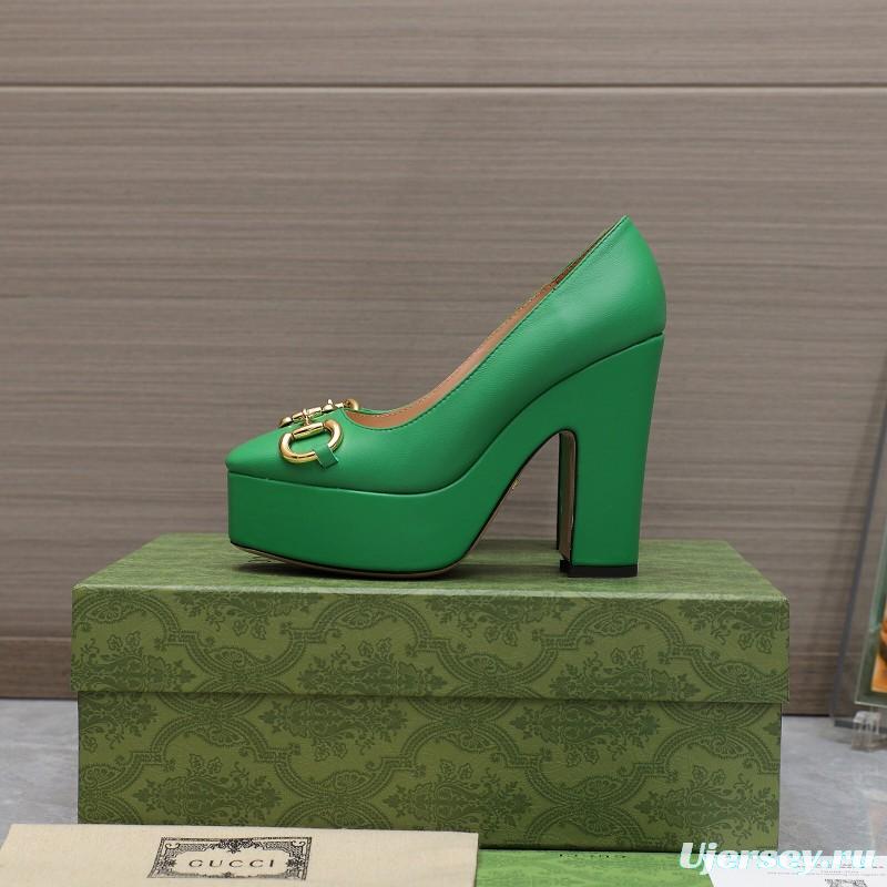 2025 Women Gucci Green Leather Platform Pumps KFY00320