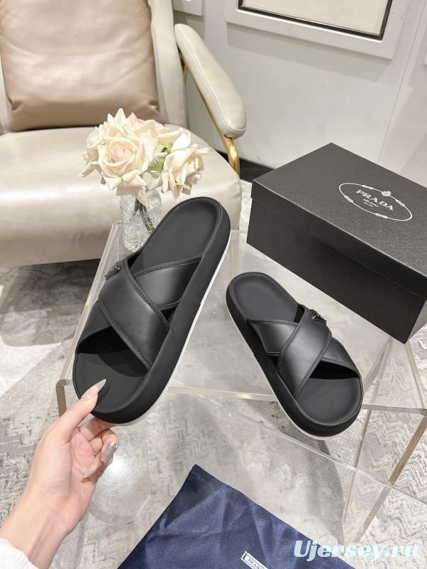 2025 Men Prada Black Leather Sandals KFY00220