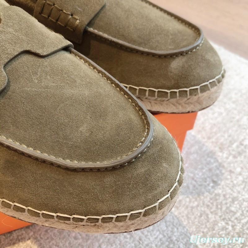 2025 Unisex Hermès Olive Suede Calfskin Loafers AS00380