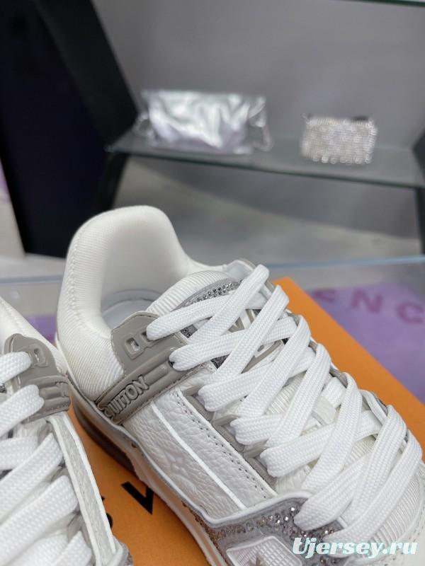 2025 Unisex Louis Vuitton White Silver Leather Fabric Plimsolls Handcrafted Crystals AS00400