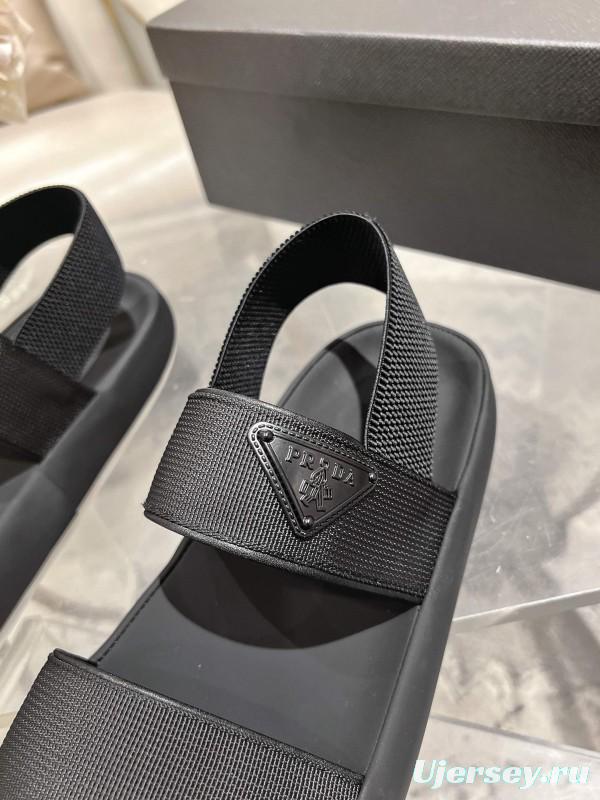 2025 Men Prada Black Leather Sandals KFY00220