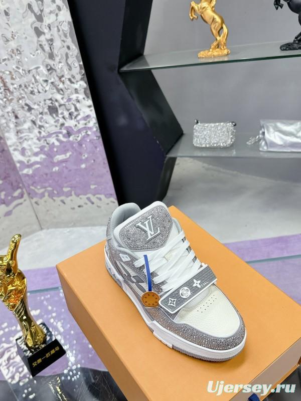 2025 Unisex Louis Vuitton Silver Grey White Leather Fabric Plimsolls Hand-Crafted Crystal AS00400