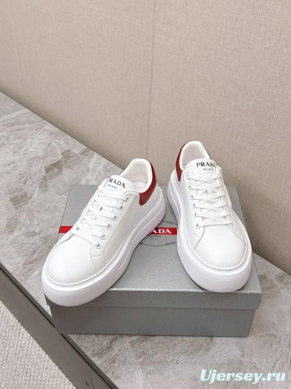 2025 Unisex Prada White Red Calf Leather Sneakers KFY00290