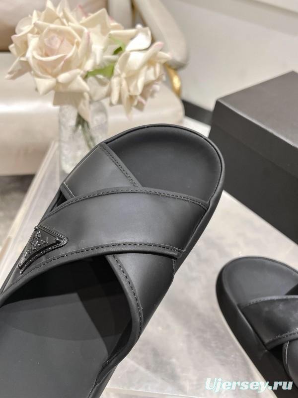 2025 Men Prada Black Leather Sandals KFY00220