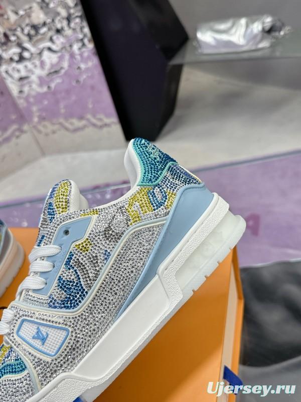 2025 Unisex Louis Vuitton Blue Yellow White Leather Denim Plimsolls Handcrafted Rhinestone AS00400