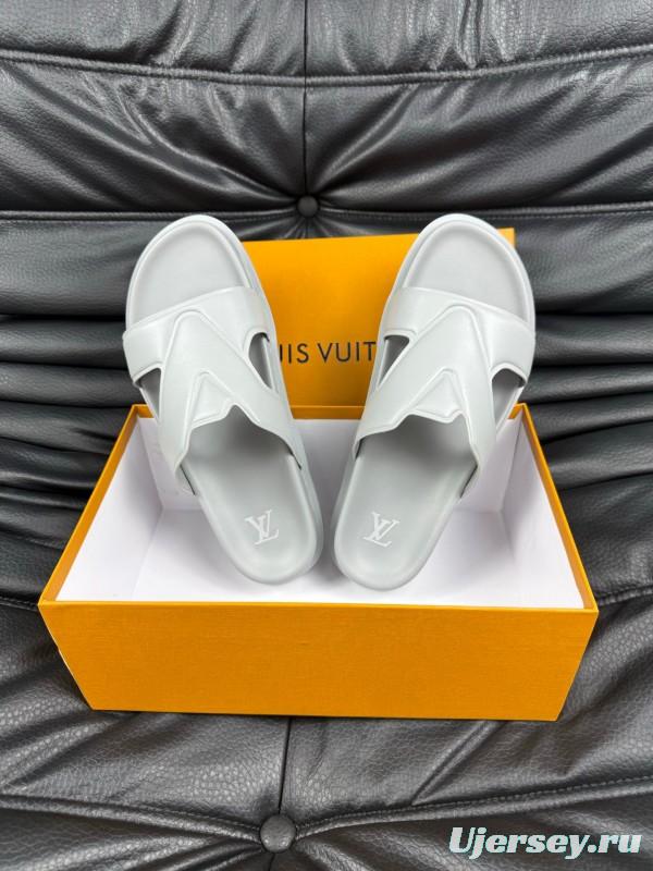 2025 Men Louis Vuitton White Leather Slippers AS00180