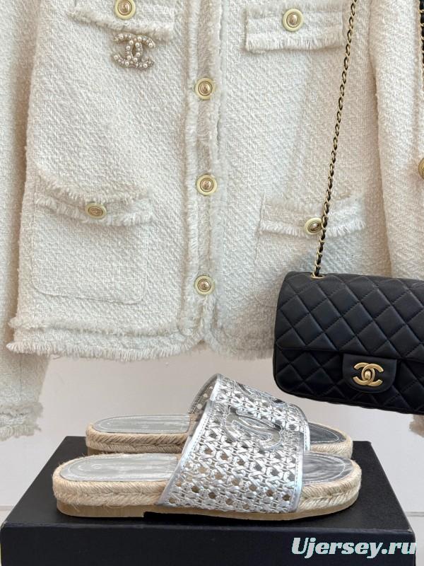 2025 Women Chanel Silver Leather Woven Fisherman Slippers KFY00240