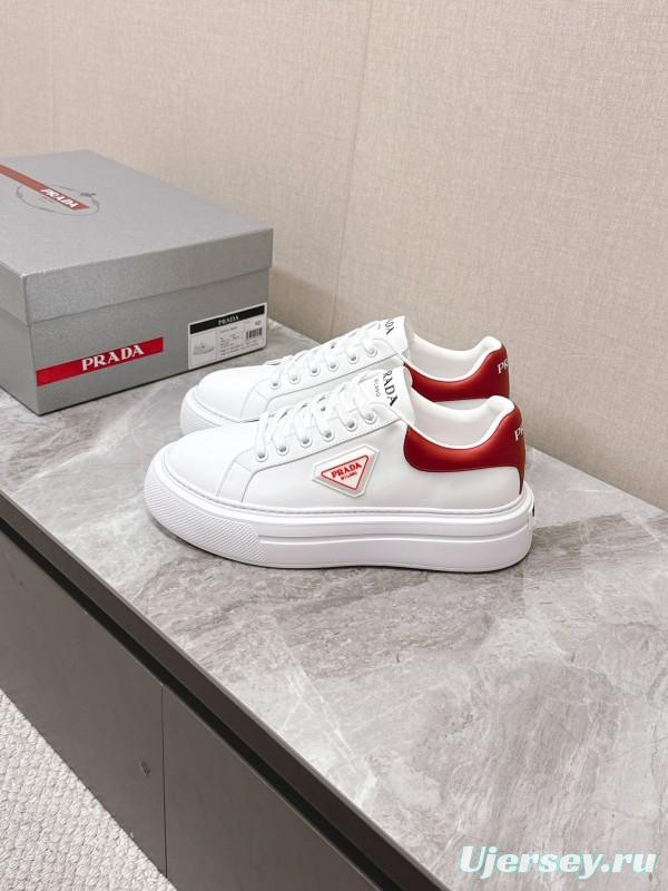 2025 Unisex Prada White Red Calf Leather Sneakers KFY00290