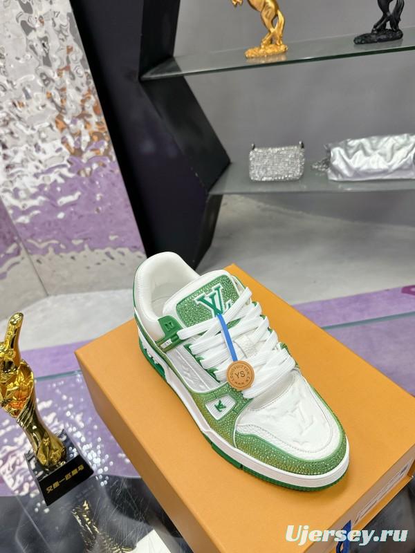 2025 Unisex Louis Vuitton Green White Leather Canvas Plimsolls Handcrafted Diamonds AS00400