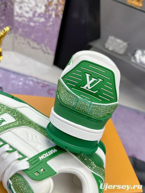 2025 Unisex Louis Vuitton Green White Leather Canvas Plimsolls Handcrafted Diamonds AS00400