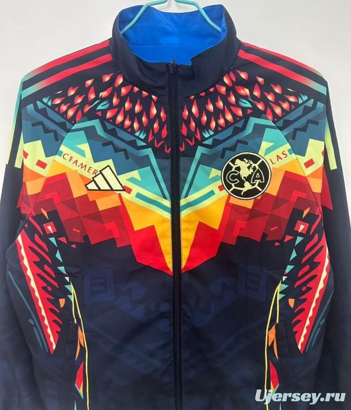 25/26 Club America Navy Blue with Aztec-Inspired Geometric Pattern Windbreaker