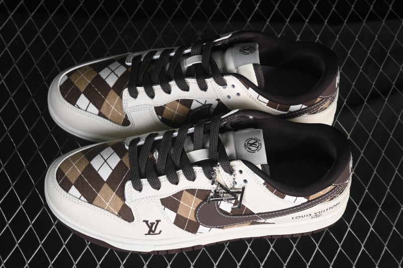 Nike SB Dunk Low LV Collaboration White Brown Grid High-End Custom Low-Top Casual Skate Shoes - SC0601-461