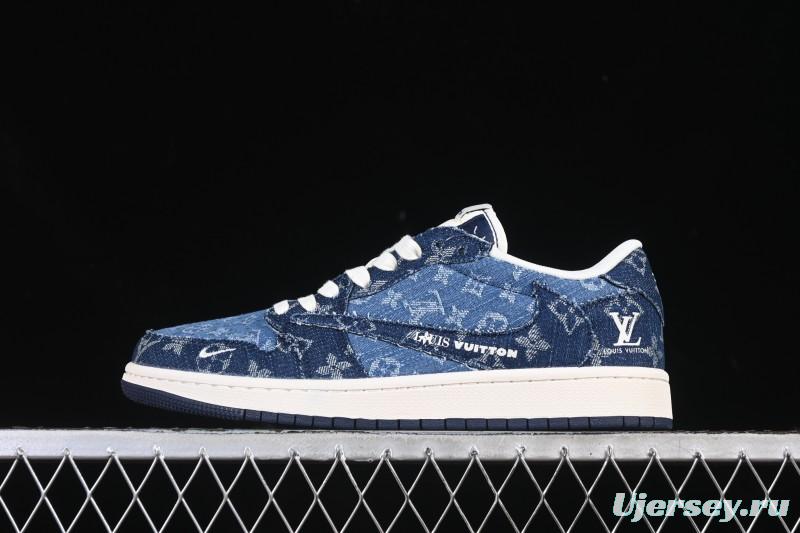 Nike Travis Scott x Fragment Design x Air Jordan 1 Low OG SP AJ1 Low-top Casual Sneakers with Washed Denim Blue Print - XD0798-312