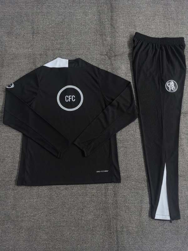 Player Version 25/26 Kids Chelsea Black T90 Half Zipper Jacket+Long Pants