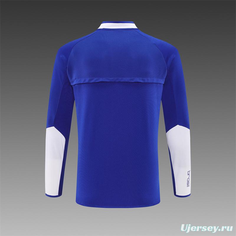 2002 Brazil Color Blue Half Zipper Jacket+Long Pants