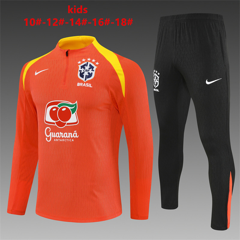 Player Version 25/26 Kids Brazil Orange Half Zipper Jacket+Long Pants