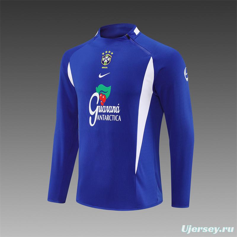 2002 Brazil Color Blue Half Zipper Jacket+Long Pants