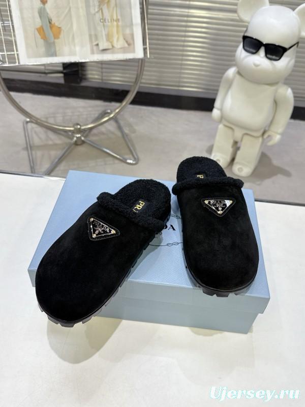 Prada 2025 Fall Winter New Fur Mule Slippers Triangle Buckle Bread Toe Half Slippers - KFY00270