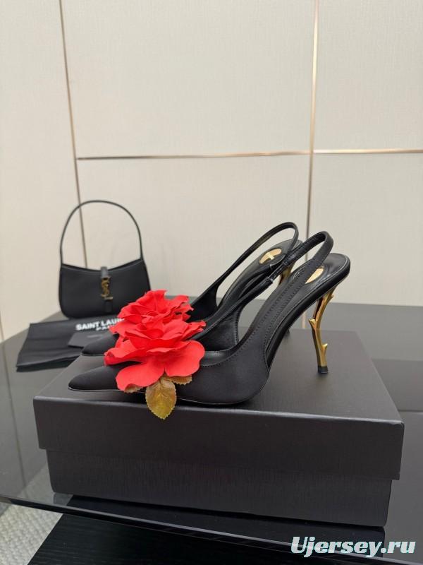 Saint Laurent 2025 SS Rose Thorn High Heels with Sculptural Gold Heel - KFY00320