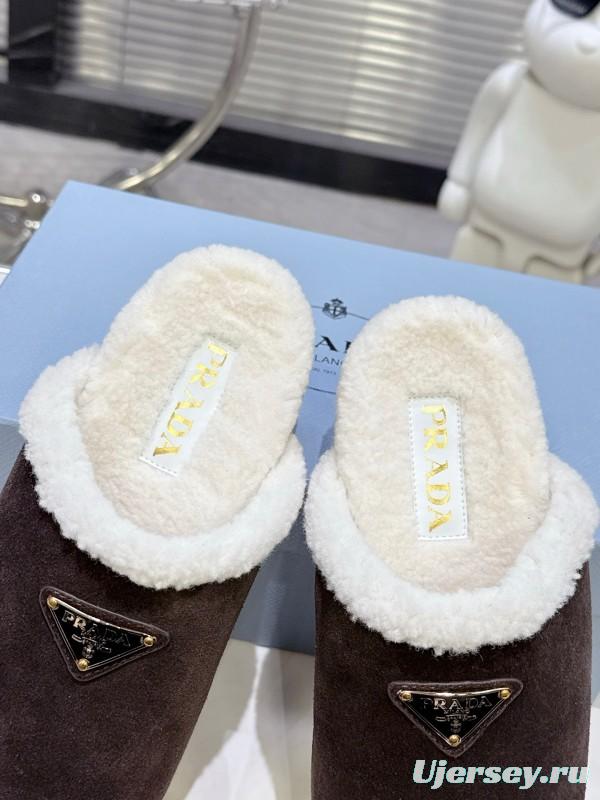 Prada Fall/Winter 2025 New Fur Mule Slippers Triangle Buckle Bread Head Half Slippers - KFY00270