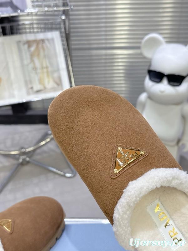 Prada Fall/Winter 2025 New Shearling Mule with Triangle Buckle Enclosed Toe - KFY00270